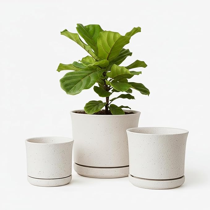 Ceramic Plant Pots Set of 3 with Saucers, 4.3/5.5/7 Inch Planters for Indoor Plants, Drainage Hole Flower Pots for Succulents, Herbs, Aloe, Modern Home Decor, White