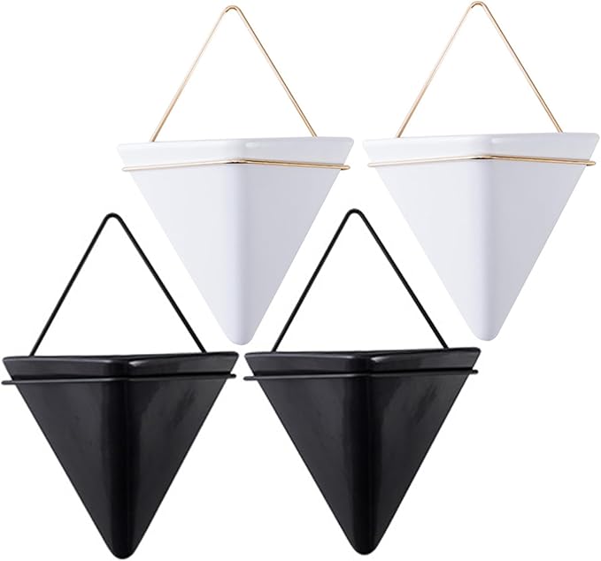Wall Plant Holder Hanging Planter, 2PCS Geometric Triangle Wall Plant Holder, Ceramic Wall Mounted Plant Holder, for Succulent, Faux Plants, Home, White