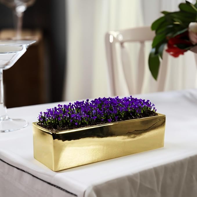 WGVI Long Rectangle Ceramic Planter Vase in Gold 12" x 4" x 4"H, Block Rectangular Terrarium Box Pot, Flower Arrangement, Table top Centerpiece, Home Decor Organization Storage Container, 1 Pc.