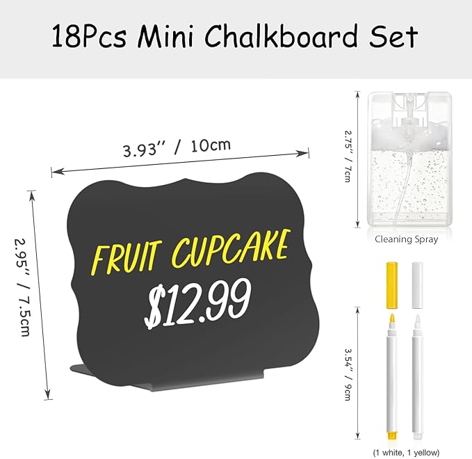 PigPotParty 18 Pcs Food Labels for Party Buffet w/Cleaning Spray, 4"x3" Mini Chalkboard Signs Include 2 Liquid Chalk Markers for Food Display - Food Tags- Table Palce Card (Waved Shape)