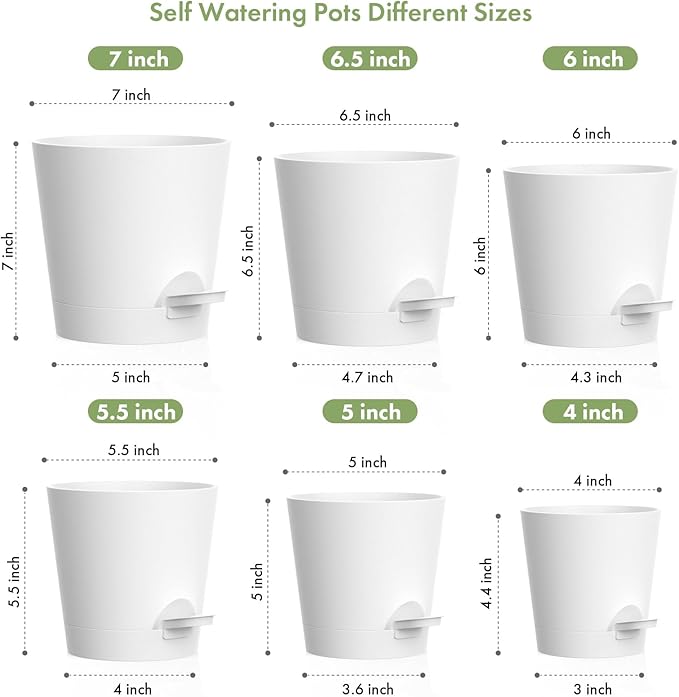 WSMKSZ 7/6.5/6/5.5/5/4 inch Self Watering Pots for Indoor Outdoor Plants, 6 Pack Plastic Flower Planters with Drainage Holes and Removable Saucers, Plant Pots with Wicking Rope, Modern Decor, White