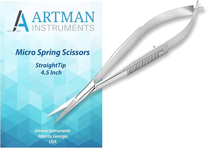 ARTMAN INSTRUMENTS Micro Scissors 4.5” Straight – Extra Sharp Spring Action Squeeze Scissors for Stitch Cutting, Embroidery, Sewing, Craft, Grooming & Precision Trimming