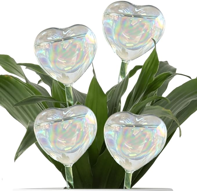 Heart Plant Watering Globes – 4-Pcs Set Self-Watering Globes – Water Globes for Indoor Plants, Flowers, Outdoor Plants – Watering Bulb Water Dripper – Cute Iridescent Glass Heart Globes