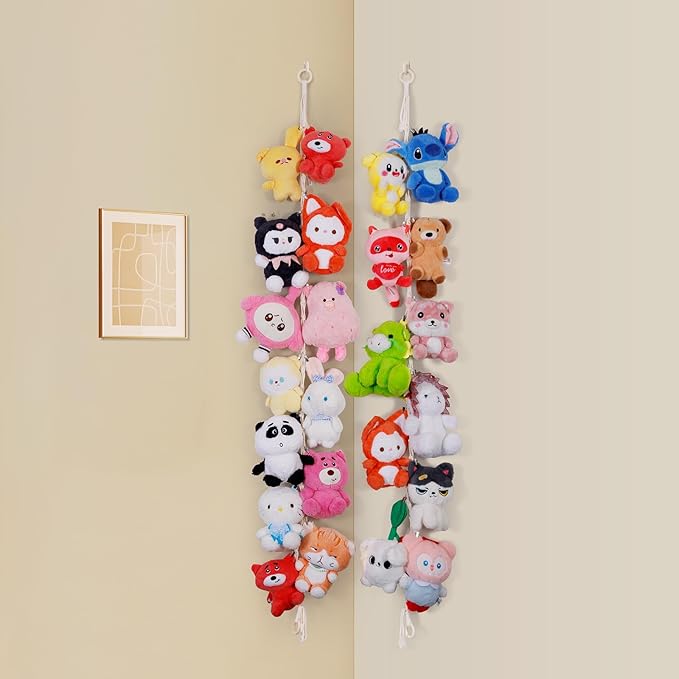 2 Pack Stuffed Animal Storage Chain Boho Room Decor, Hanging Stuffed Animal Holder with 20 Metal Clips, Macrame Plush Toy Corner Organizer for Kids Baby Nursery Bedroom Playroom Wall Decor