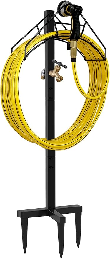 Artigarden Freestanding Outdoor Garden Hose Holder Stand with Brass Faucet, Heavy Duty Metal Water Hose Reel Storage Stake Rack for Backyard, Black (Hose not Included)