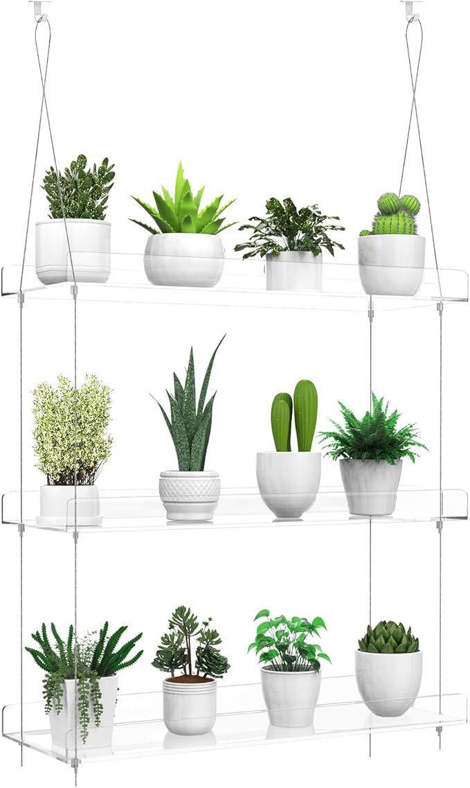 3-Tier Hanging Clear Plant Shelves for Windows, Acrylic Window Wall Plant Stand Shelf for Kitchen Indoor Gardens, Flower, Herb, Seedling Organization, and Pots Display, 16 Inch per Tier | for Windows, Window Wall, for Kitchen, Indoor Gardens, Flower, S...