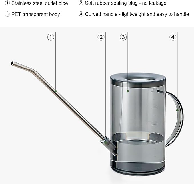 Long Spout Watering Cans | Small Can for Indoor Plants | 1L Clear with Handle Scale Detachable Lid | Plant Watering Devices for Flowers Succulents | Gardening Supplies