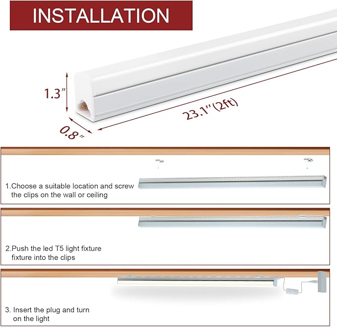 Kihung (Pack of 8 2FT LED Shop Light, 10W 1100LM 4000K Cool White, Under Cabinet Light and LED Ceiling Light, for Room, Corded Electric with Built-in ON/Off Switch