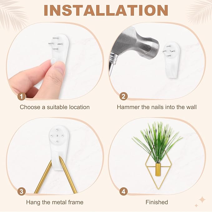 M METERXITY 2 Set Plant Wall Decor, Hanging Planters with Artificial Aquatic Plant Metal Hanging Vase Diamond Shape Wall Planter Holder Boho Room Decor for Garden/Backyard/Room [Golden]