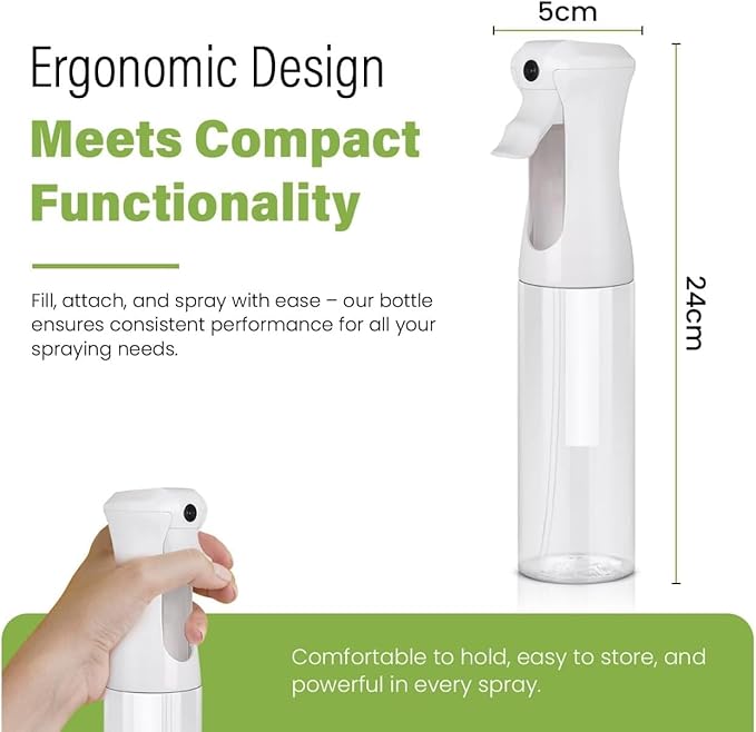 VIGOR PATH Continuous Spray Bottle for Hair – Fine Mist Mister for Styling, Cleaning, Plants, Pets, Salons, and Essential Oil Use (300ml / 10.1 oz, Clear)