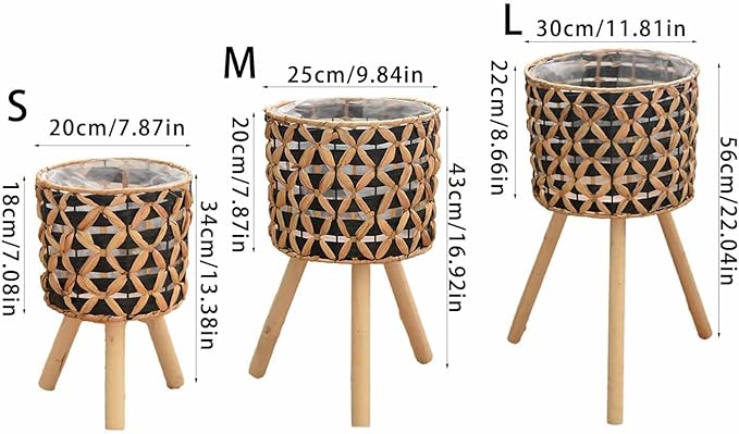 Woven Planter Baskets with Plastics Lining and 3 Wooden Legs, Wicker Planter Basket,Boho-Plant Pot with Stand,Plant Baskets Indoor with Liner for Plant, Flowers, Toy, Country Farmhouse