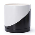 D'vine Dev 12 Inch Ceramic Planter Pot with Drainage Hole and Saucer, Indoor Cylinder Round Planter Pot, Oblique Monochrome Black and White, 94-O-F-K