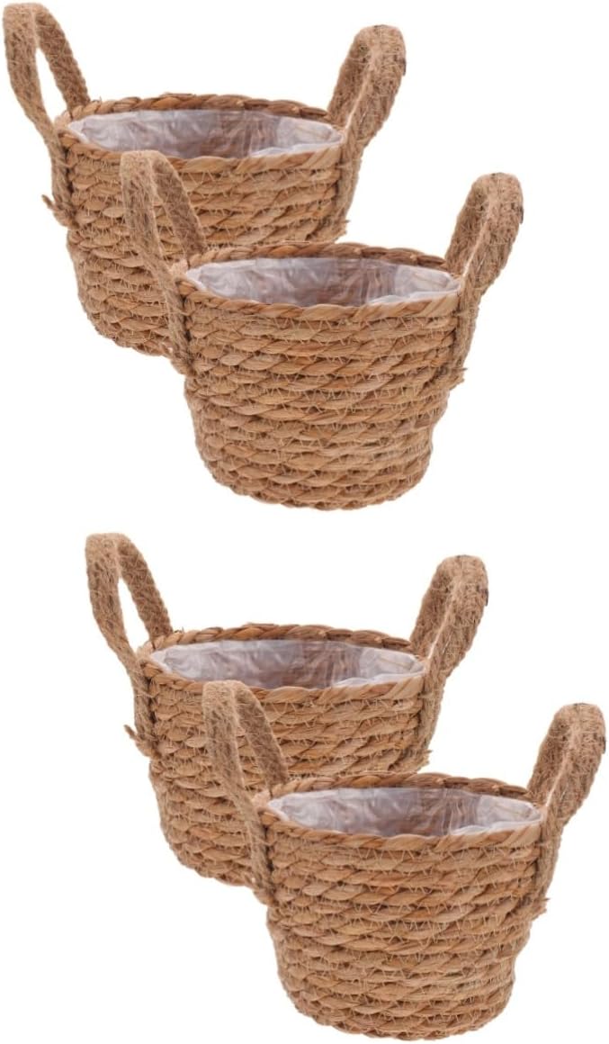 BESPORTBLE 2sets Seagrass Planters for Indoor Straw Pots for Outdoor Woven Flower Baskets Rattan Planter Baskets Handmade Storage with Liner 2pcs*2