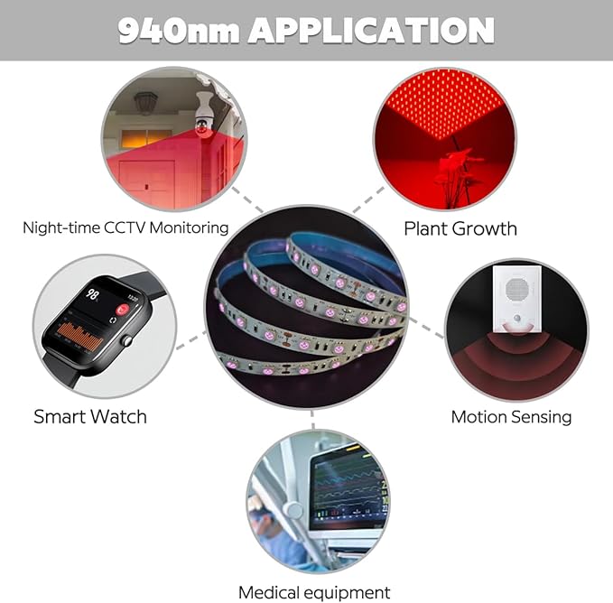 Zero Red Glow 940nm IR LED Strip - 12V 72W 5M/16.4Ft Flexible Tape IP20 Non-Waterproof Cuttable for Night Vision Photography & Infrared Light Therapy (940nm, 300 LEDs, 5050 SMD)