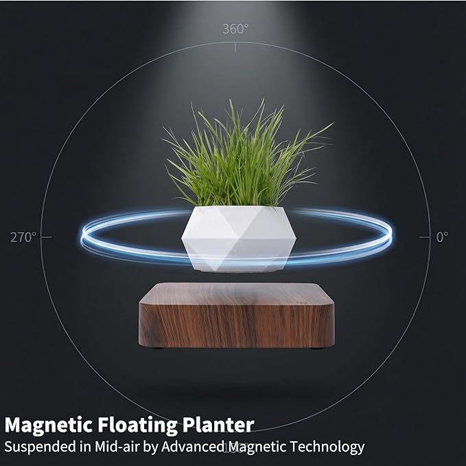 Levitating Plant Pot, Magnetic Levitating Planter 360°Auto-Rotating Floating Plant Levitating Display for Bonsai, Air Plants Cool Floating Desk Decor for Office, Living Room (Dark Brown)