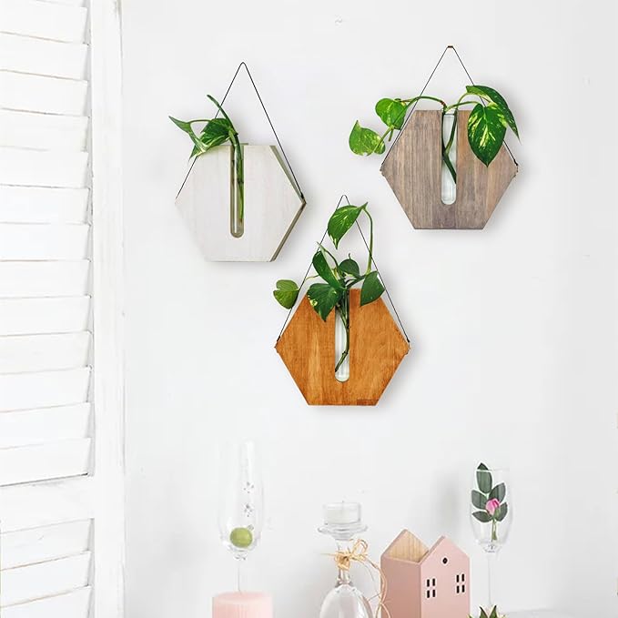 Firlar Premium Wall Mounted Propagation Station Wall Hanging Planter Tubes, Wooden Base Glass Plant Pots Plant Terrarium, Indoor Wall Vases for Modern Living Office Spaces(Brown)