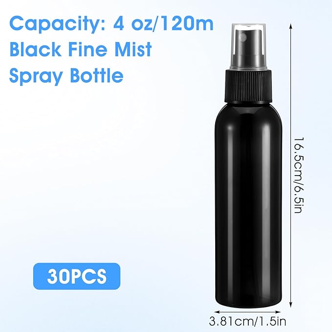 30 Pack Black Empty Spray Bottles, 4oz Plastic Fine Mist Spraying Bottles Small Refillable Sprayer Liquid Containers Portable Misters with Cap Travel Bottle for Perfume, Cleaning, Essential Oil