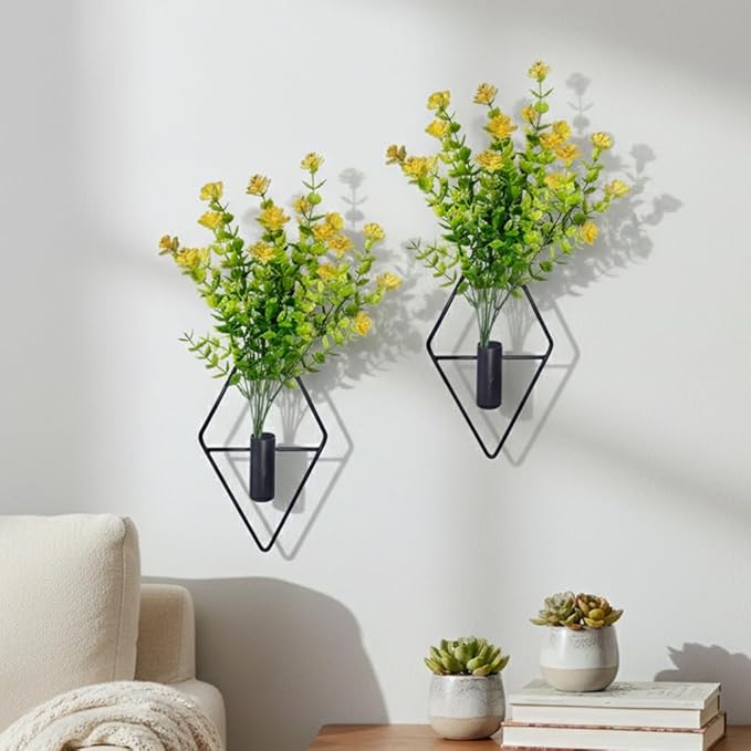 2 Pack Wall Hanging Planters with Artificial Plants, Sturdy Geometric Metal Wall Decor, Adjustable Greenery for Home Decor, Indoor Plants, Bedroom Living Room Bathroom, Art Decor