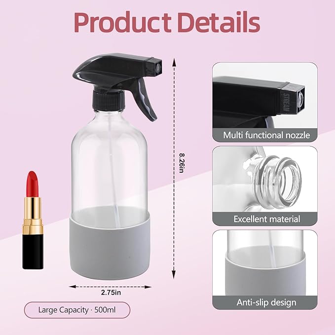 YOCASII 2PCS 500ml Glass Spray Bottles Set – Refillable spray bottles for Hair, Cleaning & DIY Solutions – Perfect for travel essentials, Home & Garden Use