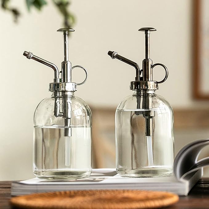 Flueyer 2 Pack Glass Plant Mister Spray Bottle, 7.7 inch Tall Vintage Plant Spritzer Watering Can with Bronze Plastic Top Pump Small Sprayer Bottle for Watering Indoor Outdoor Plants