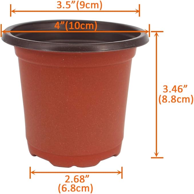 200 Pcs 4 Inch Plastic Seedlings Plants Nursery Pots with 200 Pcs Waterproof Plastic Plant Tags and 2 Set Transplanting Digging Mini Tools for Outdoor use(Red Brown)