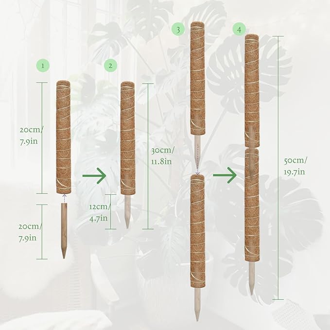 Moss Pole for Plants 4 Pack Natural Coco Coir Climbing Support Stakes with Plant Ties Indoor Monstera Plant Training Extension Poles 7.9inch Each Total 31.6 inch