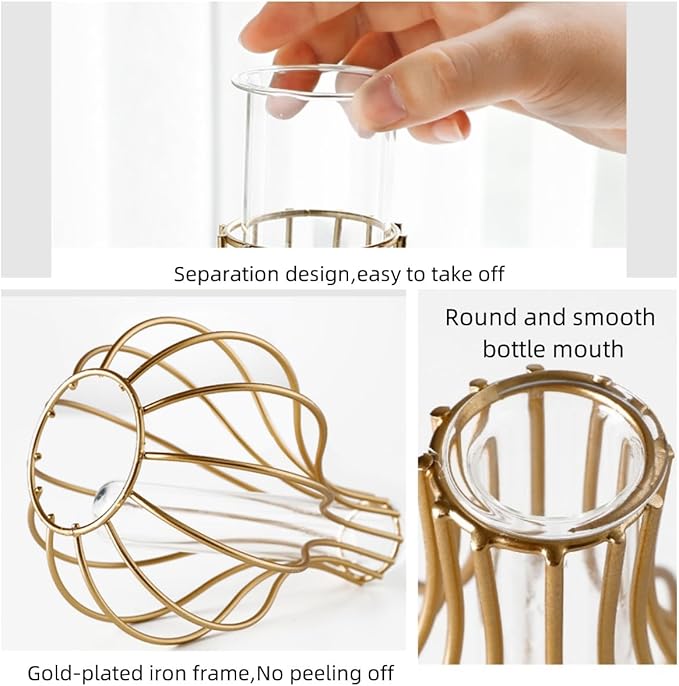Table Flower Vases,Gold Geometric Metal Frame Clear Glass Tube Bud Vase Hydroponic Plants,Bulb-Shaped Design,Gold Vase Decorative for Fridge,Window,Home,Party(gold 10)