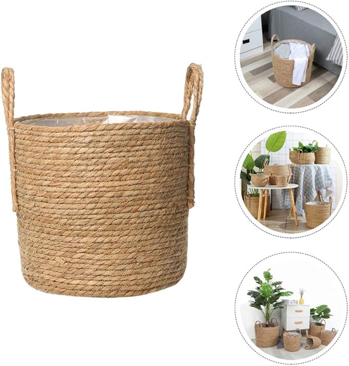 Cabilock Picnic Basket Seagrass Planter Basket Flower Pot Cover Straw Weaving Plant Container Vase Wicker Trash Can Garbage Bin Rattan Storage Organizer Bin Laundry Hamper Plant Pots