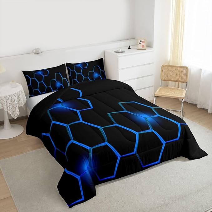 Feelyou Honeycomb Kids Comforter Set ModernHexagon Bedding Set for Boys Children Teens Bedroom Decor Geometrical Comforter Beehive Geometric Black Blue Duvet Set Full Size with 3 Pillow Case