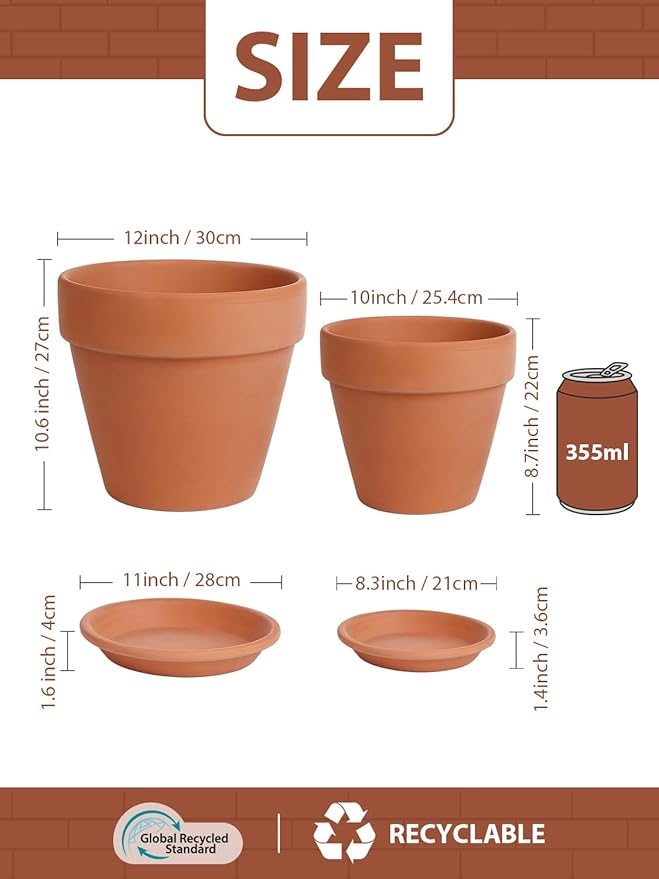 INGOFIN Terracotta Pot with Saucer 10&12 Inch - Ceramic Clay Pot for Plants with Drainage Hole, Large Terra Cotta Flower Planter with Tray for Indoor Outdoor Plants