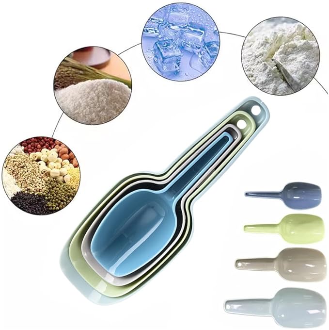 4-Piece Multi-Purpose Scoop Set - Colorful Plastic Scoops for Ice, Flour, Coffee, Pet Food & Dry Goods - Perfect for Freezer, Canisters & Kitchen Storage (4 Sizes Included)