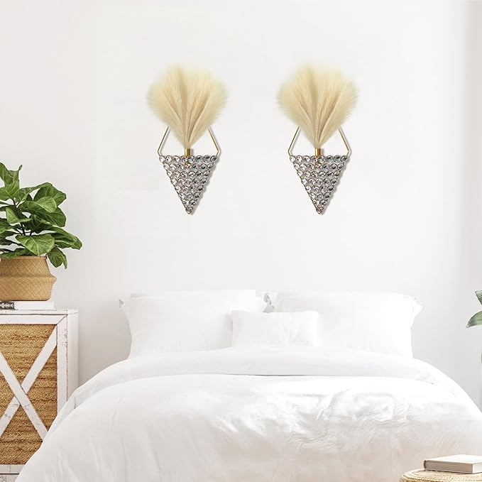 2 Pcs Boho Wall Decor Hanging Planters with Artificial Pampas Bling Jeweled Wall Mounted Metal Wall Decor Modern Home Decor Display Wall Art for Bedroom Bathroom Living Room