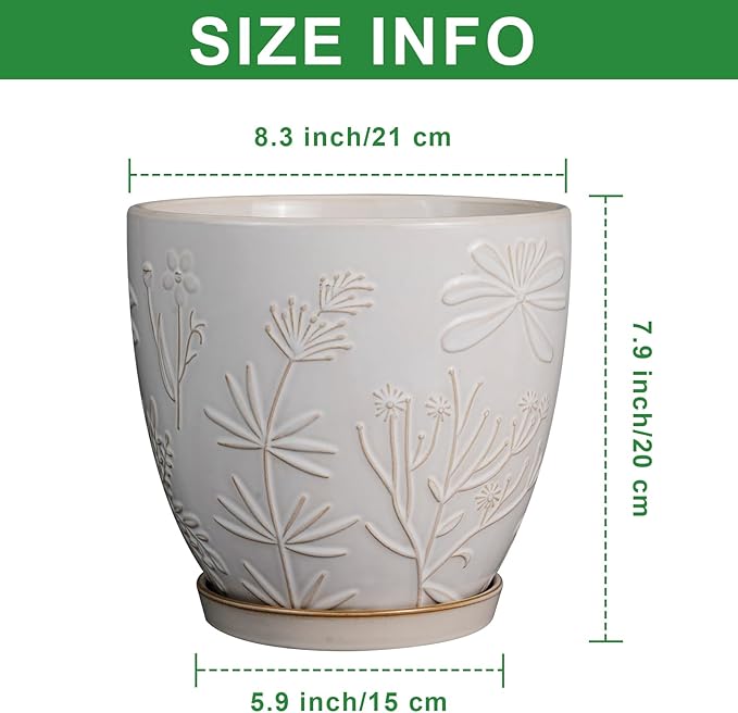 MPotTo 8 Inch Ceramic Pots for Plants Large Planter Pot with Drainage Hole and Saucer Round Flower Pot for Indoor Outdoor Decor, White
