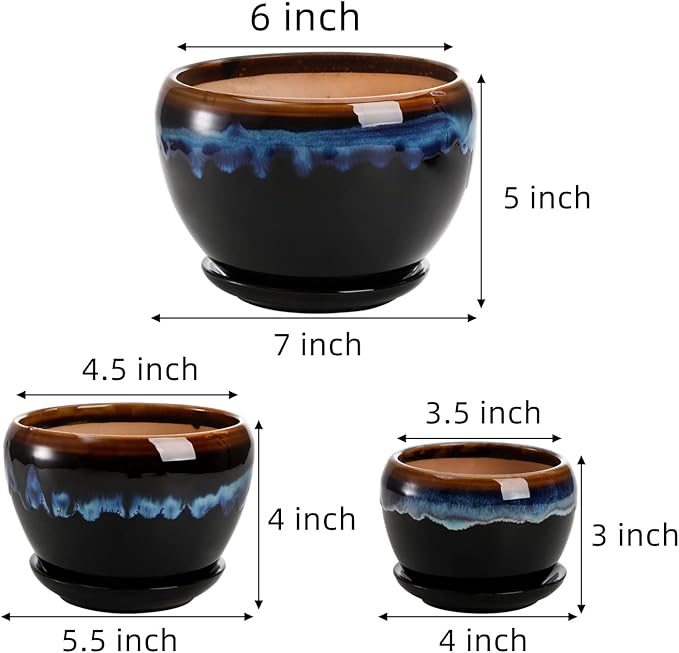 AVLA 3 Pack Ceramic Flower Pots, Gardening Drip Glazed Planter, Plant Pot with Drainage Hole and Saucer, 7/5/4 Inch Rustic Houseplant Container for Succulent Herbs Cactus Orchid, Home Indoor Outdoor