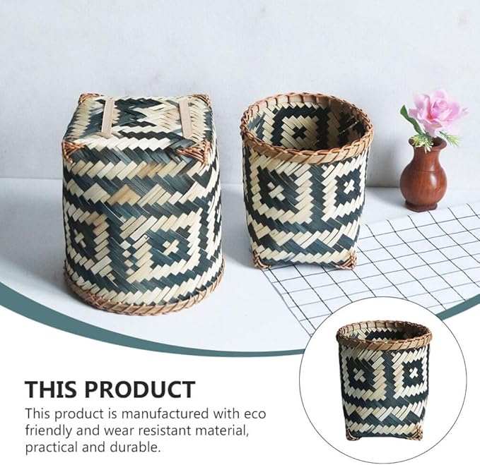 Zerodeko Rattan Trash Can Willow Wastebasket Round Wicker Storage Baskets Woven Picnic Laundry Hamper Seagrass Planter Woven Flower Pot Garbage Bin Rustic Decor 21cm
