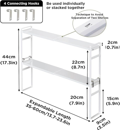 2 Tier Expandable Stackable Narrow Shelf Organizer, Tall Countertop Organizer for Tight Spaces, Windowsill Plant Stand, Over-Sink/Faucet Shelf, Kitchen Storage, Bathroom Vanity, Laundry Room (White)