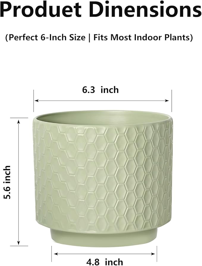 6 Inch Ceramic Pots for Indoor Plants with Drainage Hole & Floral Design, Planter for Home Decor on Windowsill, Tabletop, Office (Light Green)