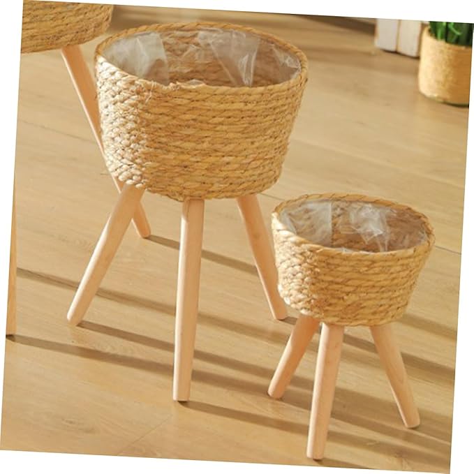 Rattan Planter with Legs Wicker Basket Plant Stand Indoor Outdoor Flower Pot Holder for Balcony Home Decor 9.05X7.08X7.08 Inches