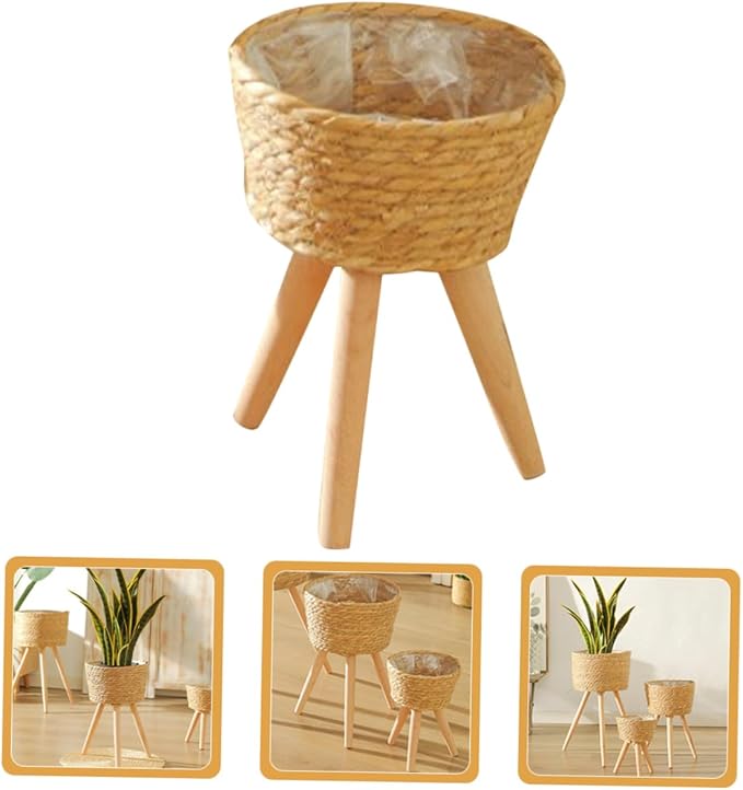 Wood Woven Plant Pot Stand with Legs Durable Minimalist Flower Basket for Indoor and Outdoor Use for Home Decor and Garden Display