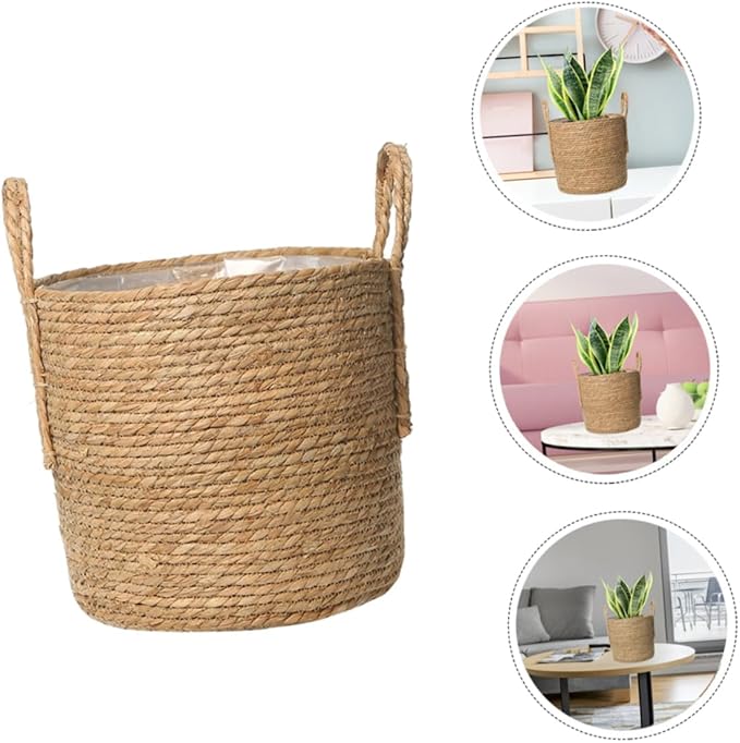 Rattan Basket Flower Pot 25cm Straw Flowerpot Vintage Style for Home Decor