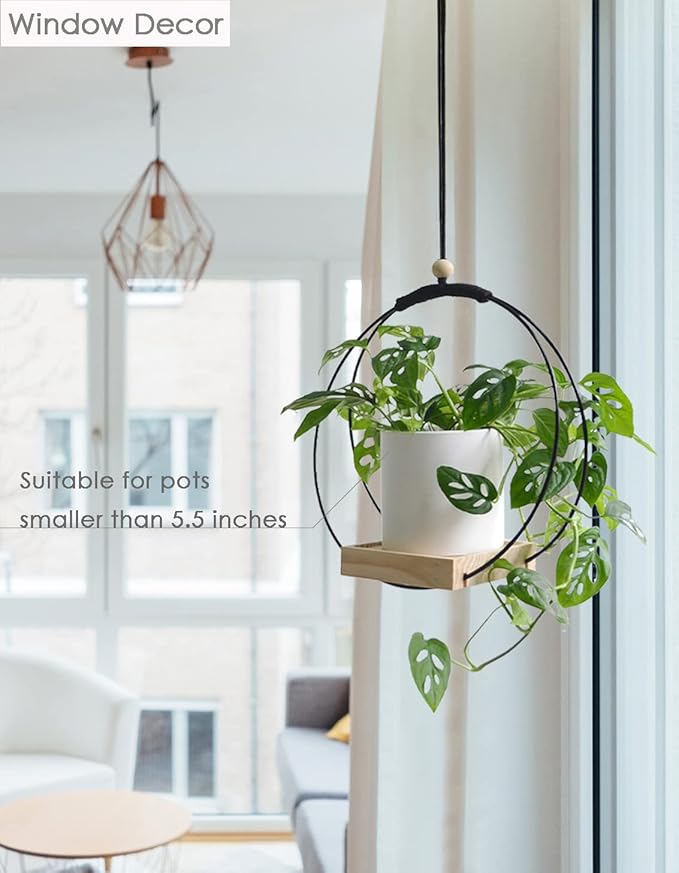 Plant Hangers Indoor with Wood Base -2 Pack Boho Macrame Hanging Plant Holder for Indoor Plants Hanging Planter for Wall/Window/Room Decor Black (Pot & Plant Not Included)
