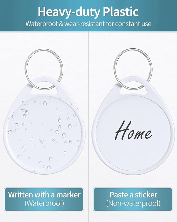 Uniclife 1.5 Inch Tough Plastic Key Tags Sturdy Round White Item Identifiers with Blank Paper Label Stickers and Split Rings, 50 Pack