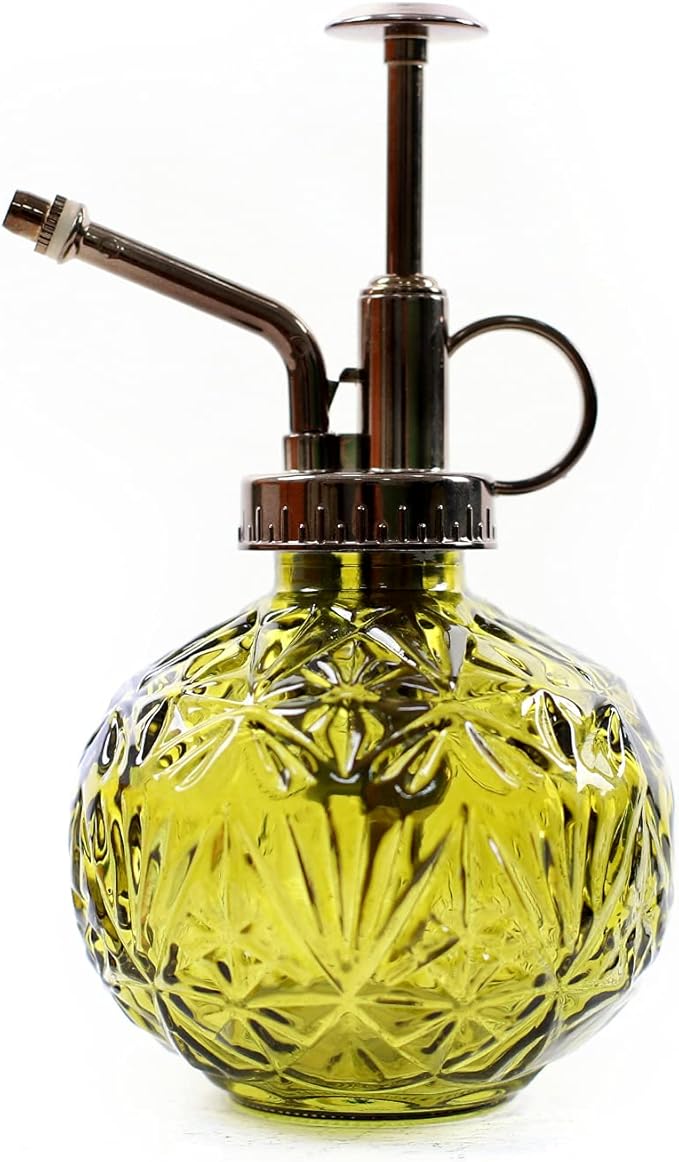 Hniuyun Glass Plant Mister Spray Bottle, 6.5inch Tall Vintage Round Spritzer with Bronze Plastic Top Pump for Watering Your Garden (Yellow)