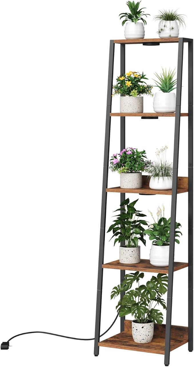 MAHANCRIS Plant Stand with Grow Light, 5 Tier Plant Shelf with Timer for Indoor Plants, Ladder Shape Flower Rack with Raised Back Edges, for Living Room, Balcony, Rustic Brown and Black PSHR05E01