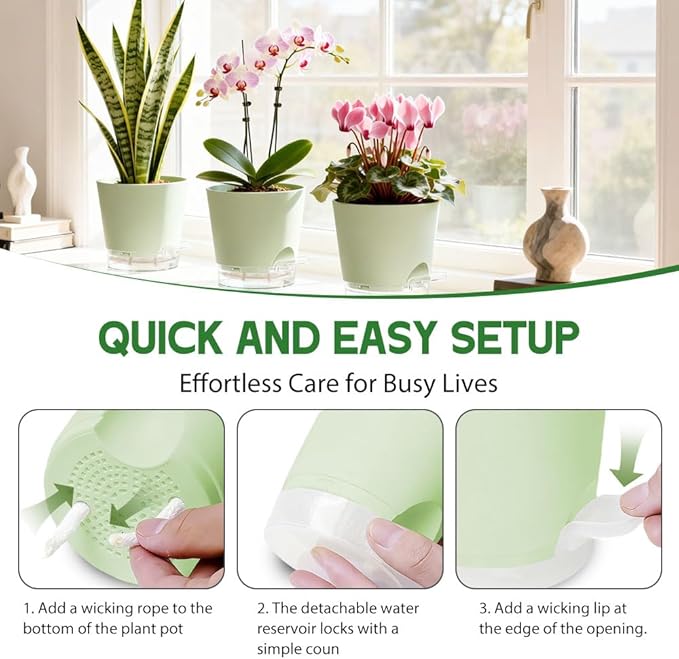 Self Watering Pots for Plants, 2026 New Flower Plant Pots with Drainage Holes, Wicking and Clear Reservoirs for Succulent, Aloe, Cacti and Others - 6 Pack (Green, 5")