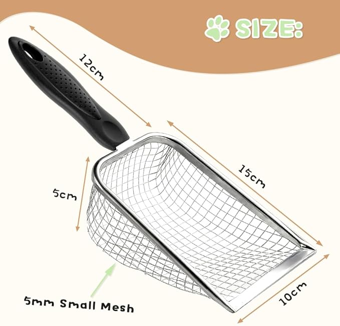 Cat Litter Scoop - Long Handle Scooper, Rustproof Stainless Steel Mesh, Non-Slip Grip, Deep Shovel Sifter for All Litter Types, Easy Clean Kitty Waste Litter for Litter Box(Black)