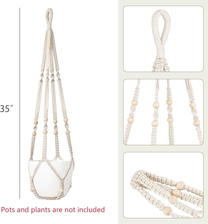 Dahey Macrame Plant Hanger Set of 2 Indoor Outdoor Hanging Planter with Wood Beads Decorative and 2 Hooks Flower Pot Plant Holder No Tassels for Boho Home Decor, 35 Inch, Ivory(Pots Not Included)