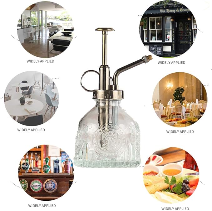 Plant Mister Glass Spray Bottle Small Plant Watering Can 6.4" Tall Retro Indoor Watering Can Bronze Plastic Top Pump for Garden Indoor Plant Sprayer (Transparent)