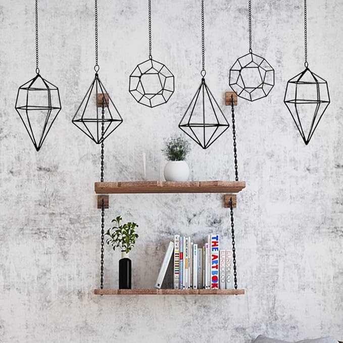 Iron Air Plant Holder, 6PCS Geometric Tillandsia Stand - Wall Mounted Hanging Planter for Home Office Decor, Black Metal Himmeli Craft for Air Ferns, Small Airplants Display