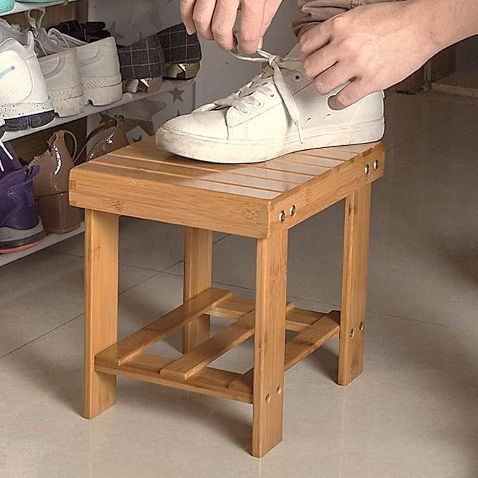 ASelected Bamboo Bench Stool, 10 inch Wooden Foot Step Stool for Bedroom Kitchen Mudroom Foyer Entryway Small Bench Shoe Stool